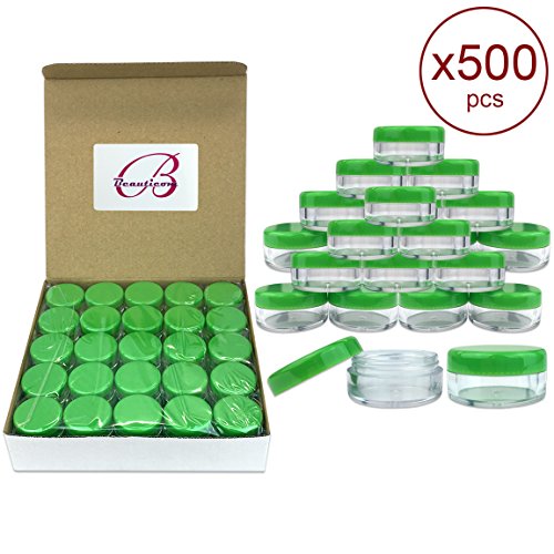 (Quantity: 500 Pieces) Beauticom 5G/5ML Round Clear Jars with GREEN Lids for Scrubs, Oils, Toner, Salves, Creams, Lotions, Makeup Samples, Lip Balms - BPA Free