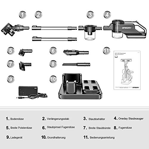 oneday® Akku Handstaubsauger, Doppelt Pro-Zyklon Kabelloser Staubsauger, 1 L Staubbehälter, 40 Minuten Reinigungszeit,mit 9 Zubehör[Energieklasse A+]