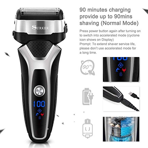 SURKER Electric Shaver Razor for Men Foil Shaver Wet and Dry Waterproof with Sidebums Trimmer LED Display USB Charging - Thumbnail 2