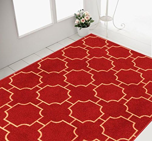 Rubber Backed 5' x 6'6" Moroccan Trellis Red &amp; Beige Non-Slip Area Rug Milldia Milano Collection Area Rugs MIL5010-5X7
