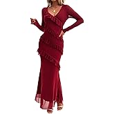 Womens Long Sleeve Mesh Bodycon Dress 2025 Fall Wedding Guest Cocktail Maxi Dresses