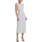 Floral-Embellished White Striped Sleeveless Midi Dress by Mac Duggal