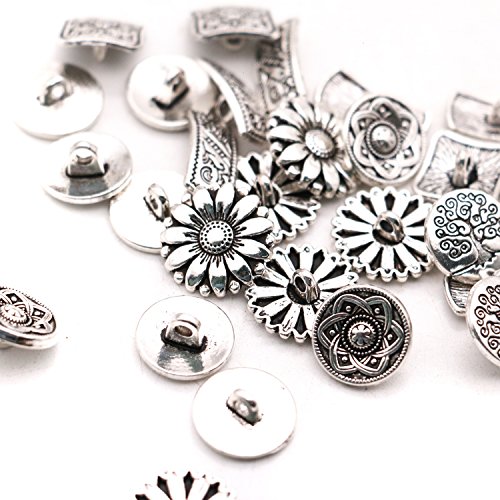 HUELE 50 pcs Mixed Antique Silver Flower Decorative Metal Buttons for Sewing