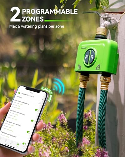 RAINPOINT WiFi Garden Hose Timer 2 Zone, Smart Water Timers for Irrigation, Sprinkler Timer via APP/Voice Control, Built-in Flow Meter, Based on Weather/Soil, Automatic Watering System (Brass Inlet)