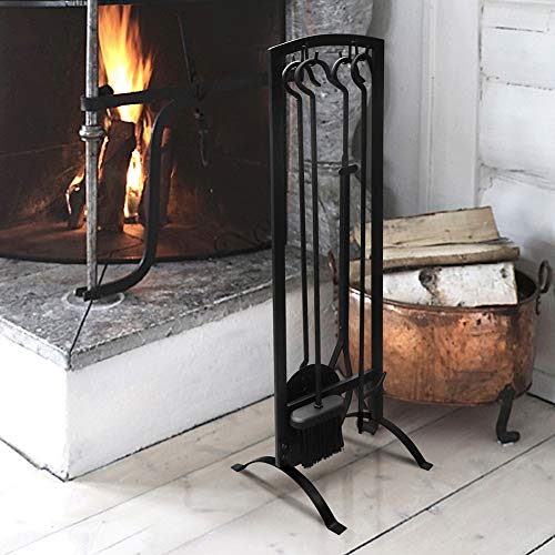 Babylon Fireplace Tool Set 5 Piece Tools with Tongs,Poker,Shovel,Broom and Stand for Indoor Fireplace Stove/Outdoor Firepit,Wrought Iron, Black
