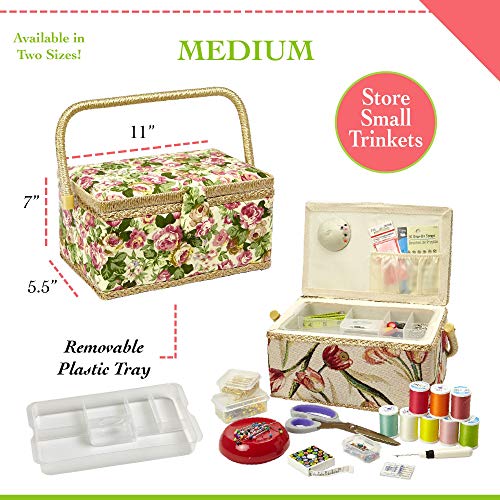 Sewing Basket with Rose Floral Print Design Sewing Kit Storage Box with Removable Tray, Built