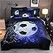 Blue Flame Soccer Duvet Cover Set for Children Boys 3D Printed Football Quilt Cover Set with 2 Pillowcases Fire and Ice Bedding Set with Zipper Closure Queen Size 90