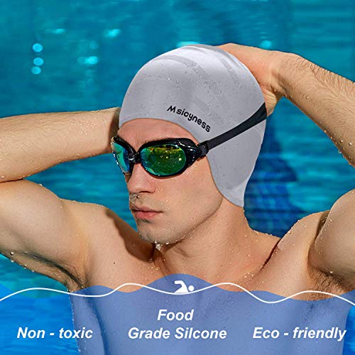 Msicyness Swim Casp for Men and Women Long/Short Hair Silicone Stretchy Swimming Hats Cover Ears Unisex Adult Size - Thumbnail 4