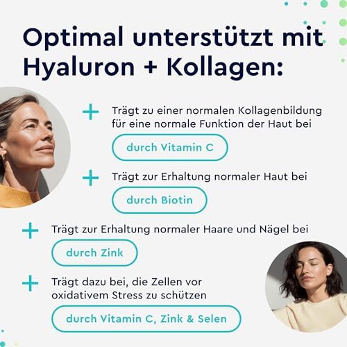 Hyaluronsäure + Kollagen 180 Kapseln - mit Biotin, Vitamin C, Zink, Selen & Silizium - für Haut, Haare, Nägel* - laborgeprüft & in Deutschland entwickelt