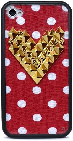 Wildflower Cases Trendy Cute Red Polka Dot Gold Heart Studded Case for iPhone 4/4S