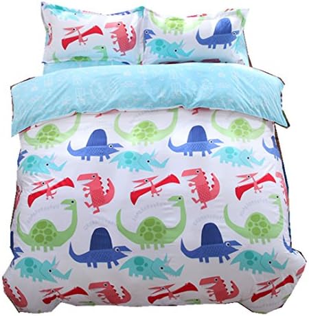 Ningkotex Cartoon Dinosaurs Print Kid's Duvet Cover Set White King Queen Full Boy's Bedding Sets (Queen)