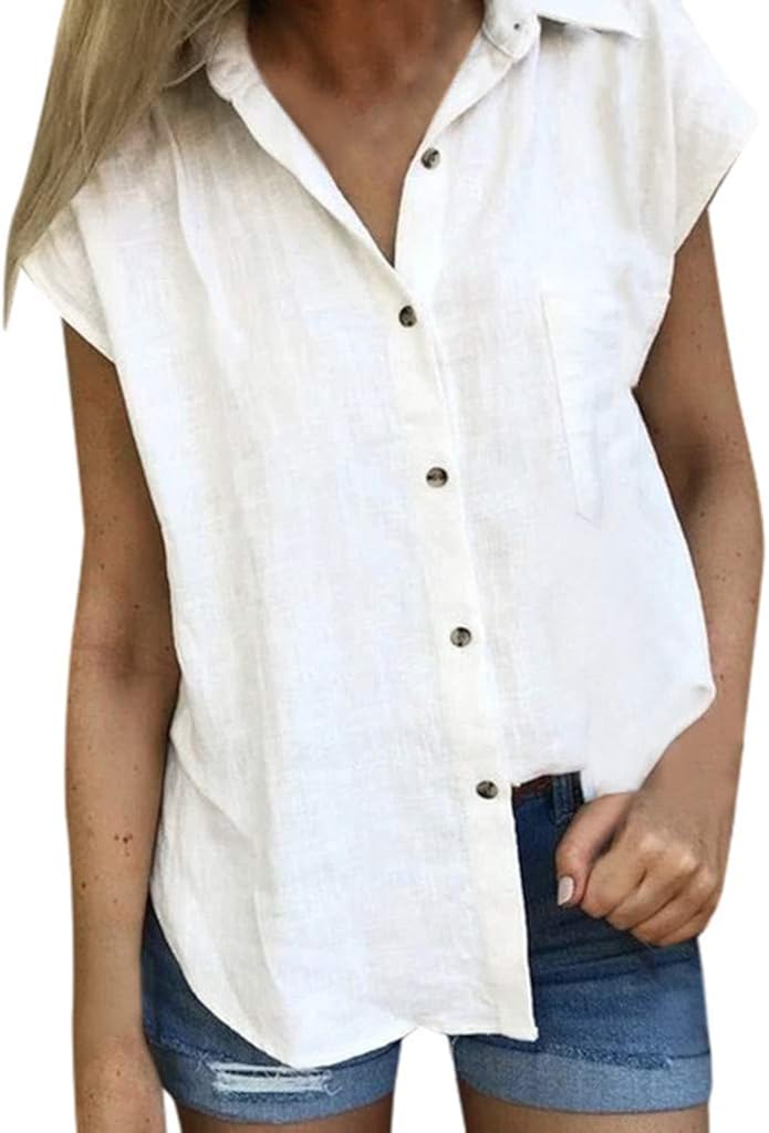 HaiDean Women's Blouses Short Sleeve Linen Modern Casual Blouse T
