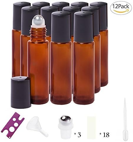Glass Roller Bottles - 5ml, 12 Pack, Super Thick, Amber by Sunshinny, Stainless Extra Steel Roller Balls, Metal Essential Oil Opener, Droppers, Funnel and Labels Included