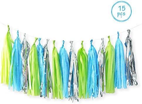 15 Pcs 14 Inches Tissue Paper Tassel Garland Silver Foil Sky Blue Grass Green Tassel Garland for Birthday Baby Showers Gender Reveal Nursery Children's Room Decor(Silver Green)