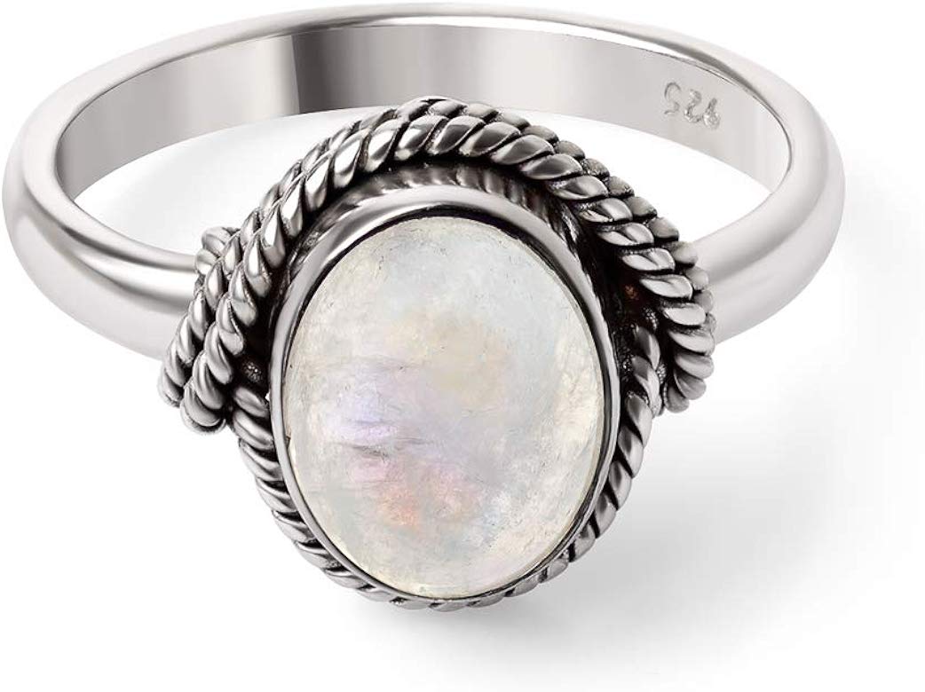 Fashion Rings Leaf Moonstone Ring Sterling Silver 925 Two Tone Band White Stone Boho Size 6 7 Ring