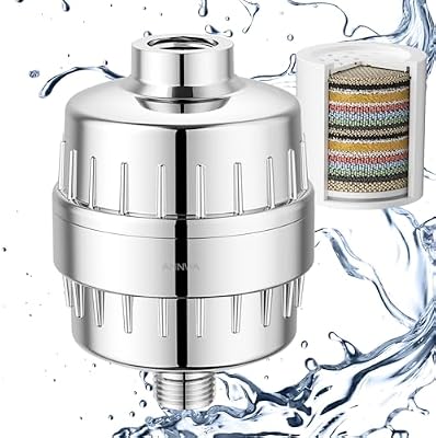 Filtre de Douche Universel, Purificateur d'Eau à 15 Étapes avec Vitamine C, Adoucisseur d'Eau Anti-Chlore et Métaux Lourds, Soin de la Peau et des Cheveux, Compatible avec G1/2'' de Douche