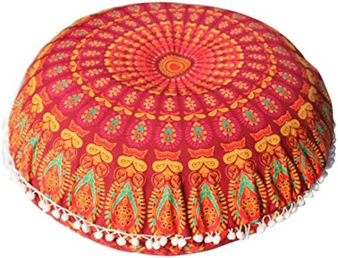 Feishe Large Mandala Pillow Case, Bohemian Meditation Pillow Covers Cushion Round Pillow Sham for Home, Office, Wedding, Party and Coffee Shop Decor (Orange, 80cm x 80cm/31.5" x 31.5")