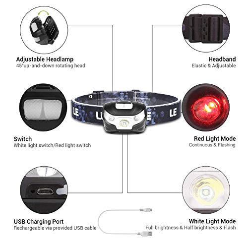 LE USB-oplaadbare hoofdlamp, led-hoofdlamp met 5 lichtmodi koplamp en rood licht, IPX4 spatwaterdichte behuizing, ideaal… - Image 6