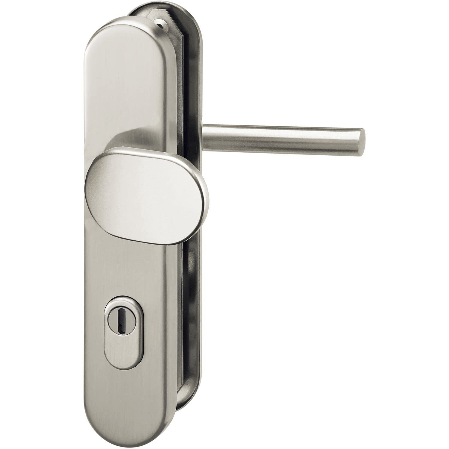 GRUNDMANN 117504 2552 Changeover Fitting Mitre on Long Plate PZ 88 with Core Protection, Door Handle and Door Knob ÖNORM, Matte Stainless Steel, Silver