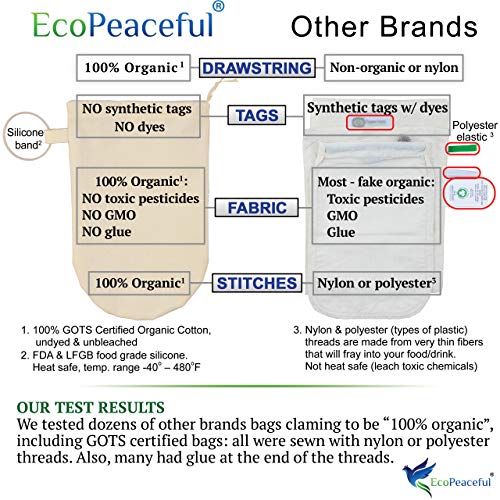 EcoPeaceful 12"x13" Organic Cotton Nut Milk Bag (ALL 100% Organic: Fabric, Stitches, Drawstring) + Silicone Band Closure - Almond Milk, Cold Brew Coffee, Celery Juice Fine Strainer Reusable Unbleached