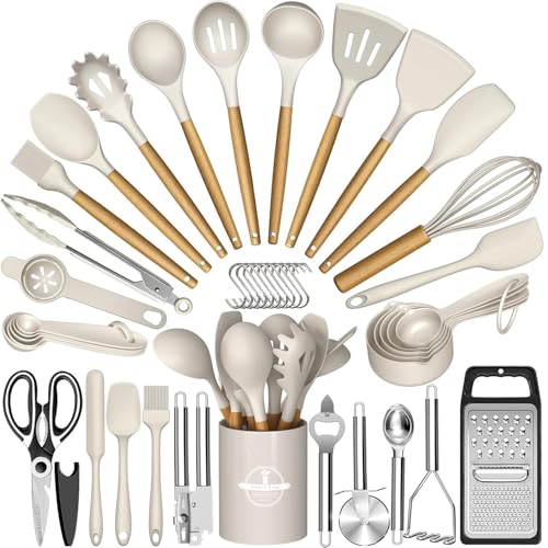 35Pcs Silicone Cooking Utensils Set, Kitchen Utensils Set, Chef Heat Resistant Kitchen Utensil Spatula Set for Nonstick Cookware, Wooden Handles Kitchen Gadgets Tools Set (Khaki)