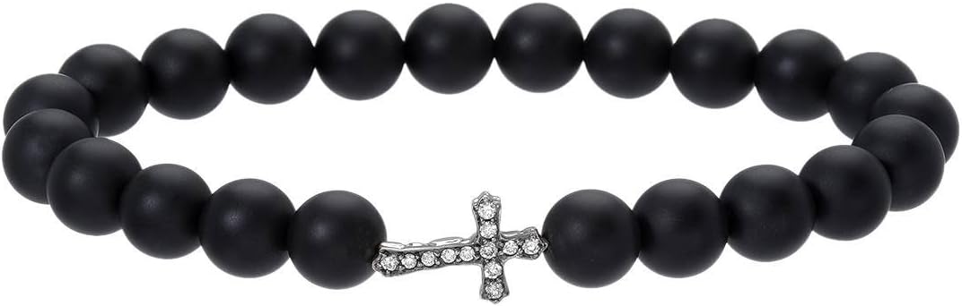 HELLMUTH 18K White Gold 0.15 CTW Color G, VS1 Diamond and Onyx Cross Bracelet For Women. Length 7 in.