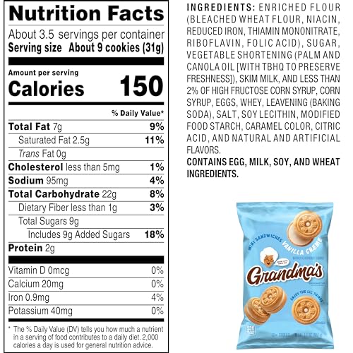 GRANDMA’S MINI COOKIES, VANILLA SANDWICH CRÈME COOKIES, 3.71 OZ COOKIE BAG, (24 PACK) (PACKAGING MAY VARY)