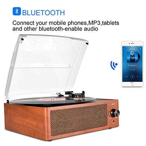 Bluetooth Record Player Belt-Driven 3-Speed Turntable, Vintage Vinyl Record Players Built-in Stereo Speakers, with Headphone Jack/ Aux Input/ RCA Line Out, Wooden - Thumbnail 2