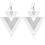 Happy Source Special Jewelry Double Triangle Hollow Dangle Earrings Silver Tone