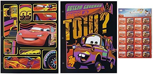 Disney Cars School Supplies - Bundle of 3 Items - 2 (2) Pocket Folders, Pack of 6 Pencils and 96 Stickers