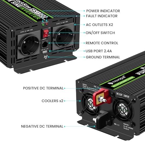 Novopal Power Inverter Pure Sine Wave 1500 W 3000 W Power Transformer Converter DC 12 V to AC 220 V 230 V Voltage Inverter, 2 EU Socket with USB Output 5 M Remote Control