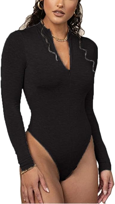 Susupeng Women Zipper Front Mock Neck Long Sleeve Leotard Top Skinny Sexy Nightclub Bodycon Bodysuit At Amazon Women S Clothing Store