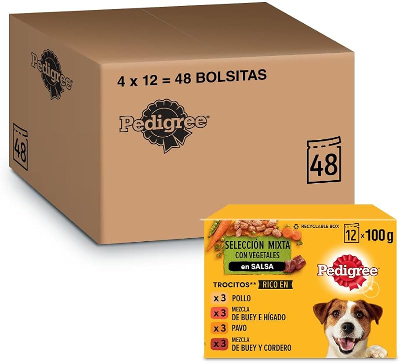 Comida húmeda para perros sabores mixtos en salsa, paquete múltiple (4 paquete x 12 bolsas x 100 g)
