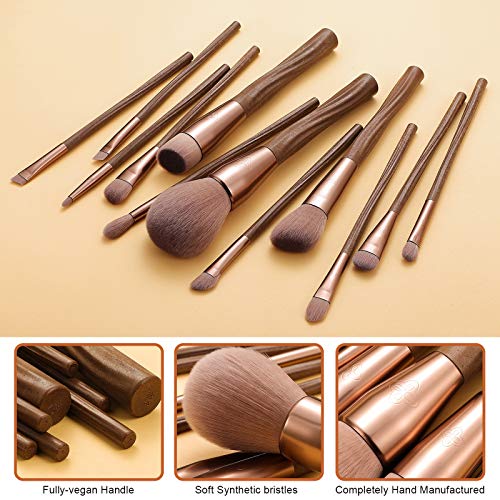 Makeup Brushes Set 12Pcs Vegan Brush Kit for Powder Foundation Blush Blending Eye Shadow Eyeliner Cosmetics Brushes with Portable Brush Holder- Cruelty-Free Synthetic Bristle (Coffee)