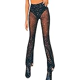 Women's Rave Sheer Mesh Sparkly Pants Bell Bottom Rave Outfit Clothes for Festival Dance Clubwear