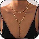 Gold Necklace for Women,Dainty Long Necklace 14k Gold Plated CZ Choker Lariat Necklaces Trendy Y-Shaped Pendant Drop Body Chain Necklaces Simple Womens Wedding Prom Jewelry Fashion Accessories