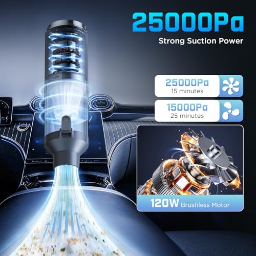 GARAID 4 in 1 Cordless Vacuum Cleaner, 25000Pa Portable Car Vacuum Cleaner, 6000 mAh Mini Vacuum Cleaner with Brushless Motor, 2 Speeds, 150,000 RPM Compressed Air for Car Home Office Animal