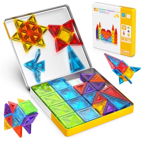Magnetic Blocks Construction Children in Metal Box – 56 Pieces Magnetic Children – Magnetic Blocks Travel Toy to Build Castles – Magnetic Tiles Montessori Travel Toys 3+ Years