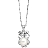 925 Sterling Silver Rhodium Plated Cubic Zirconia 8-9mm White Button Fwc Pearl Owl Necklace 17 Inch Pendant Necklace for Women