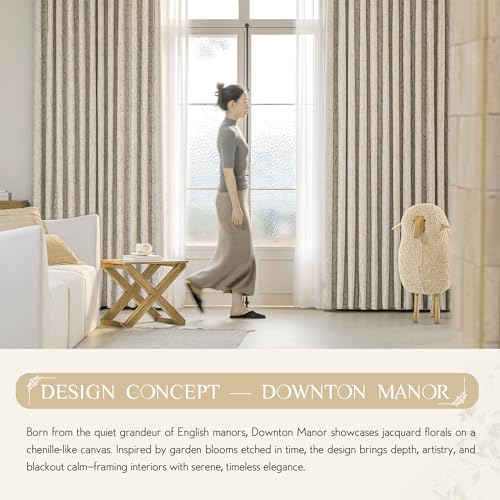 Beauoop Beige Floral Jacquard Blackout Curtains 84 Inches Long 2 Panels for Bedroom Living Room Taupe Flower Chenille Room Darkening Thermal Insulated Soundproof Grommet Window Treatments Drapes 52x84