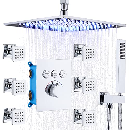 Photo 1 of Thermostatic Shower System with Adjustable Body Jets Backnets Chrome Bathroom Shower Faucet Set with Led Rain Shower Head and Handheld Spray, Can Use All Functions At Once