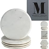 Premium Marble Coasters - World Class Quality Makrana Marble by Moderni Lifestyle - Round, Square & Hexagonal Designs - Protective Cork Backing - Luxury Gift Box Set Of 4-4 inch 10cm diameter