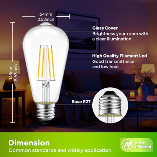 LVWIT E27 LED Bulbs Warm Light 2700K,Vintage Style ST64 LED Filament Bulb,3.8W Equivalent to 60W,806 LM,Ultra Efficient Class A Filament Bulbs,Energy Saving,Non-Dimmable,6U