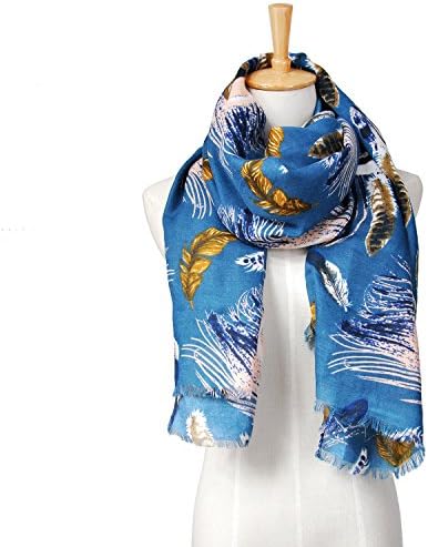 Lo Shokim Women's Print Feather Scarf Shawl With Fringe-Blue-73"35"
