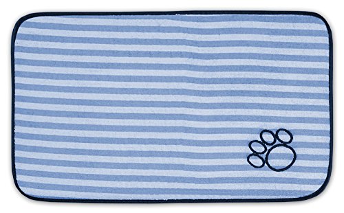 Bone Dry DII Stripe Embroidered Paw Print Pet Mat for Food, Water, Treats in Microfiber for Maximum Absorbency, Blue