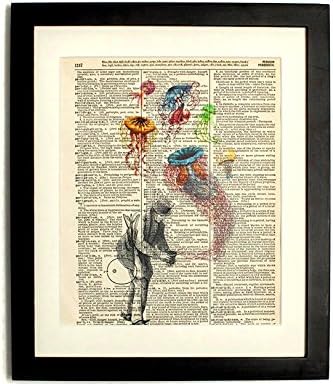 FRAMED GENT &amp; JELLYFISH UPCYCLED VINTAGE DICTIONARY ART PRINT 8x10 INCH PRINT WITH 10X12 INCH MATTED FRAME INCLUDED