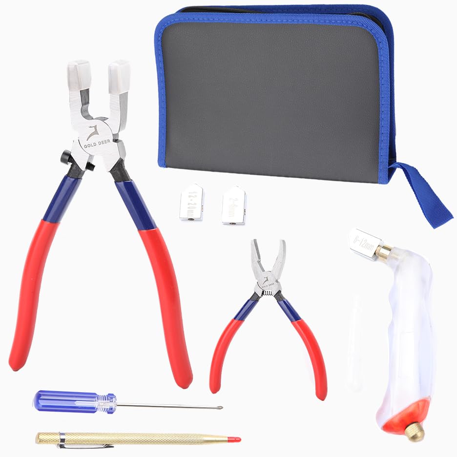 GOLD DEER Heavy Duty Glass Cutting Pliers Tools Kit - Breaker, Grozer, Scribe - Ideal for Stained Glass Work