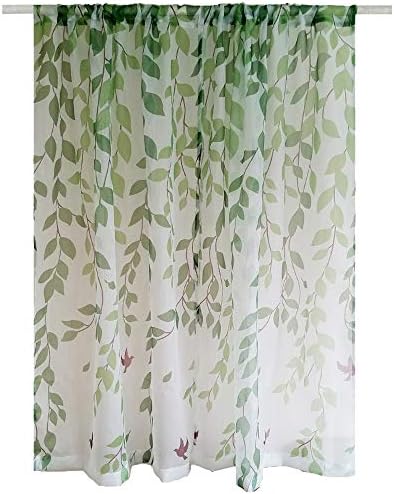 WINYY Birds Sheer Curtain Yarn Fresh Green Leaf Curtain Voile Living Room Drapery Kitchen Dining Room Balcony Tulle Home Decor Rod Pocket Top 1 Panel (75 Inch Wide 84 Inch Long)