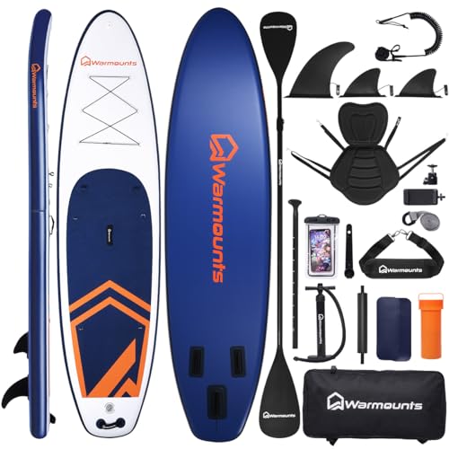 Warmounts 350 cm Large Inflatable SUP Board, 86 cm Extra Wide Stand Up Paddle Board, 2-in-1 ISUP Paddle Board with Kayak Seat & Double Paddle for Beginners and Adults, Pump and Backpack, 190 kg
