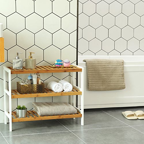 SONGMICS Bamboo Shoe Rack with 3-Level Bathroom Shelving Unit W x H x D: Shoe Cabinet for 12 Pairs 70 x 55 x 26 cm Shoe Rack